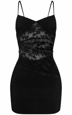 Black Stretch Woven Mesh Panelling Cut Out Mini Dress