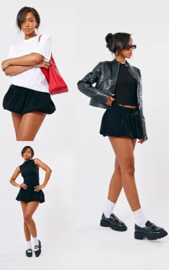 Black Stretch Woven Micro Mini Puffball Skirt