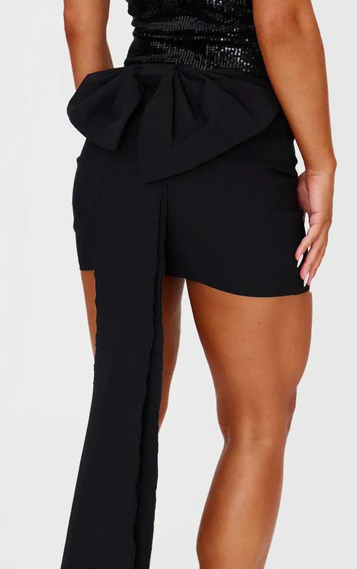 Black Stretch Woven Oversized Bow Detail Mini Skirt