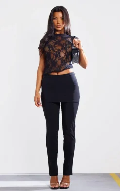 Black Stretch Woven Peplum Skirt Pants