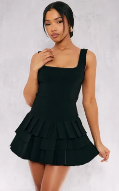 Black Stretch Woven Pleated Skort Romper