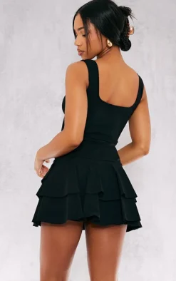 Black Stretch Woven Pleated Skort Romper