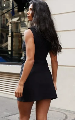 Black Stretch Woven Ruched Detail Bodycon Dress