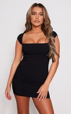 Black Stretch Woven Square Neck Short Sleeve Dress