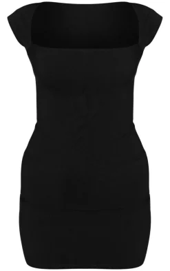 Black Stretch Woven Square Neck Short Sleeve Dress