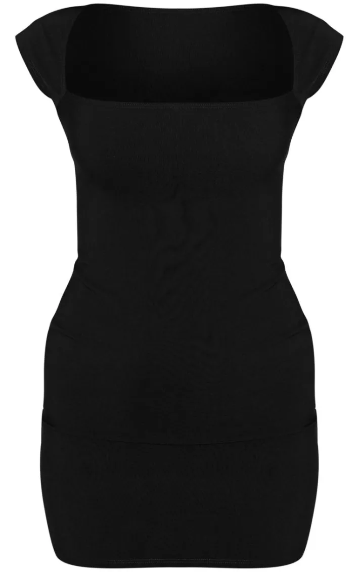 Black Stretch Woven Square Neck Short Sleeve Dress