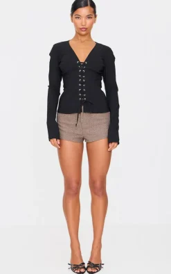 Black Stretch Woven Tie Front Fitted Shirt