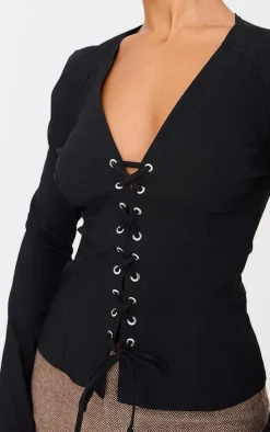 Black Stretch Woven Tie Front Fitted Shirt