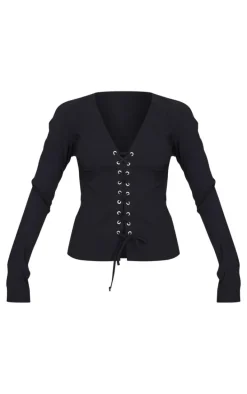 Black Stretch Woven Tie Front Fitted Shirt