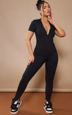 Black Stretch Woven Zip Front Collar Detail Jumpsuit