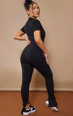 Black Stretch Woven Zip Front Collar Detail Jumpsuit