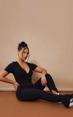 Black Stretch Woven Zip Front Collar Detail Jumpsuit