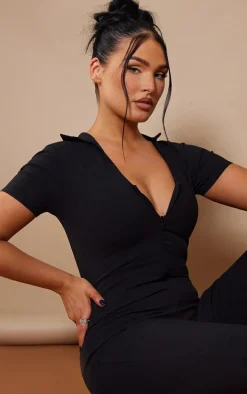 Black Stretch Woven Zip Front Collar Detail Jumpsuit