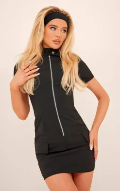 Black Stretch Woven Zip Pocket Bodycon Dress