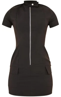 Black Stretch Woven Zip Pocket Bodycon Dress