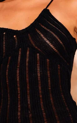 Black Stripe Crochet Knit Asymmetric Neck Maxi Dress