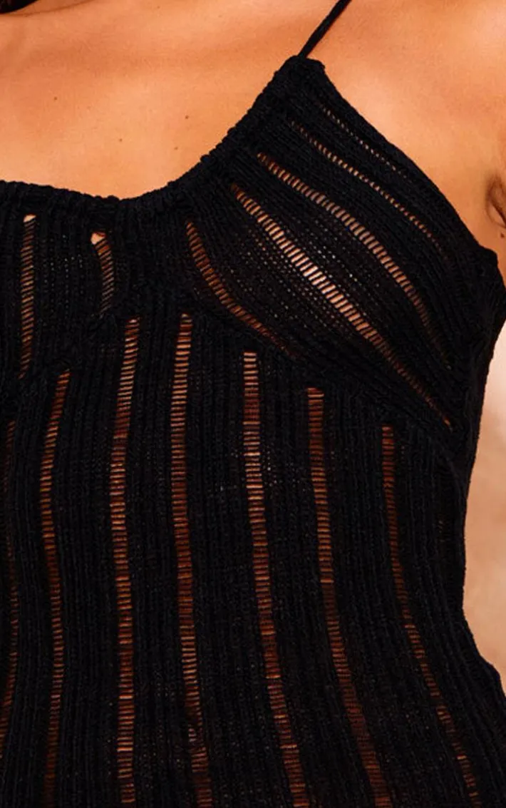 Black Stripe Crochet Knit Asymmetric Neck Maxi Dress