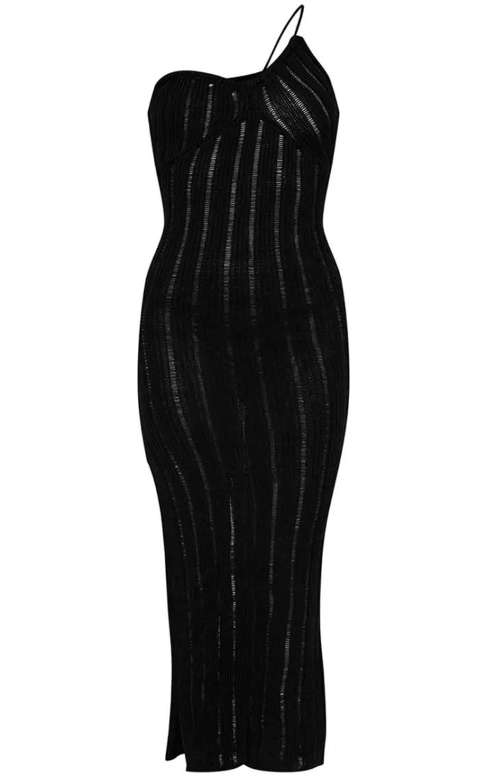 Black Stripe Crochet Knit Asymmetric Neck Maxi Dress