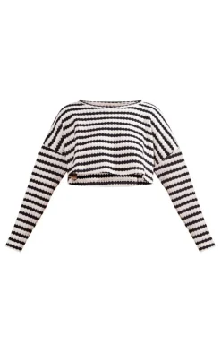Black Stripe Textured Rib Oversized Crop Top