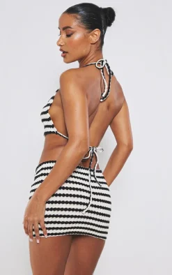 Black Stripe Textured Rib Open Tie Back Cowl Neck Crop Top