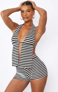 Black Striped Textured Rib Halterneck Bralet