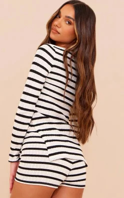 Black Striped Textured Rib Long Sleeve Split Hem Longline Top