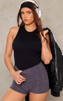 Black Structured Contour Racer Neck Ribbed Bodysuit