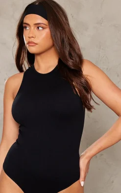 Black Structured Contour Racer Neck Ribbed Bodysuit