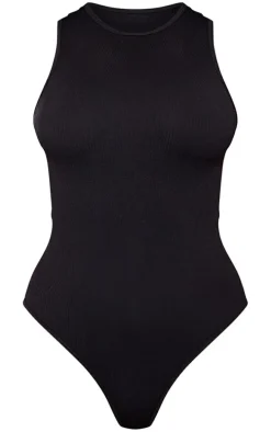 Black Structured Contour Racer Neck Ribbed Bodysuit