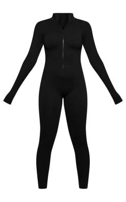 Black Structured Snatched Rib Zip Jumpsuit