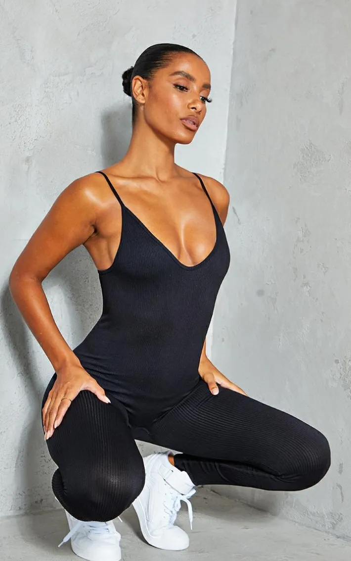 Black Structured Snatched Rib Strappy Plunge Jumpsuit