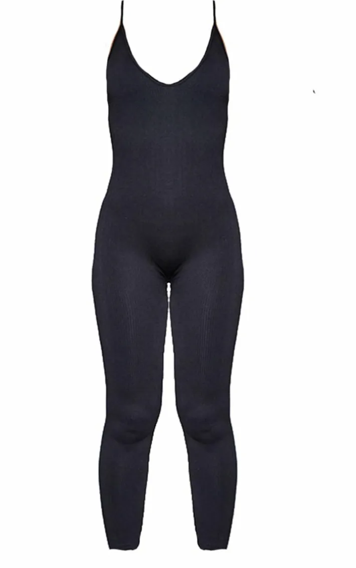 Black Structured Snatched Rib Strappy Plunge Jumpsuit