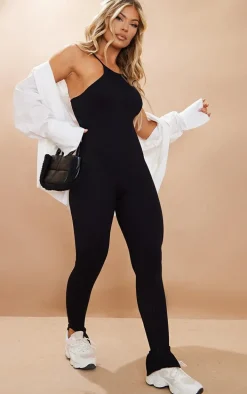 Black Structured Snatched Ribbed Strappy Racer Neck Jumpsuit