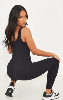 Black Structured Snatched Ribbed Scoop Neck Jumpsuit