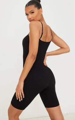 Black Structured Snatched Rib Straight Neck Unitard