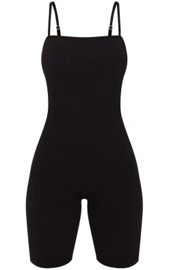 Black Structured Snatched Rib Straight Neck Unitard