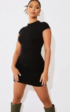 Black Structured Snatched Rib Cap Sleeve Bodycon Dress