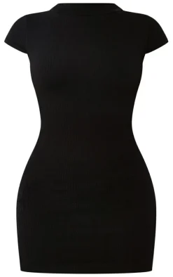 Black Structured Snatched Rib Cap Sleeve Bodycon Dress
