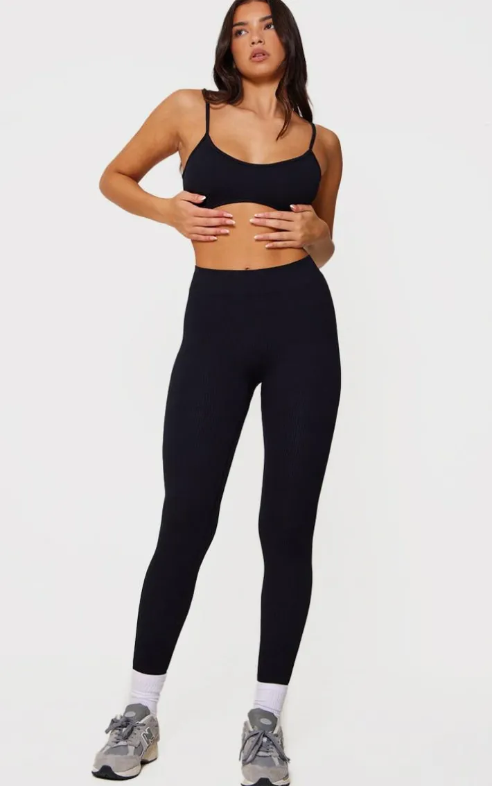 Black Structured Snatched Rib Cuffed Detail Leggings
