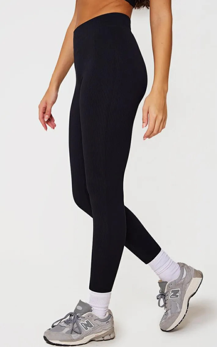 Black Structured Snatched Rib Cuffed Detail Leggings