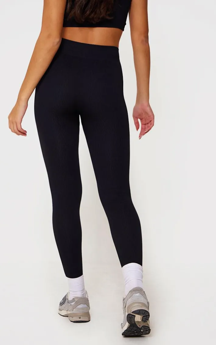 Black Structured Snatched Rib Cuffed Detail Leggings
