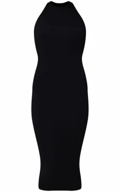 Black Structured Snatched Rib Racer Neck Midaxi Dress