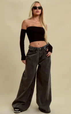 Black Structured Snatched Rib Bardot Crop Top