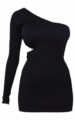 Black Structured Snatched Rib One Shoulder Cut Out Bodycon Dress