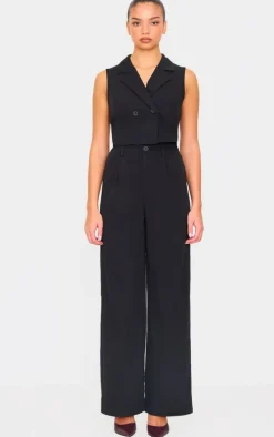 Black Structured Woven Tailored Sleeveless Vest Detail Jumpsuit