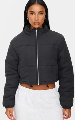 Black Super Cropped Peach Skin Puffer