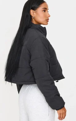 Black Super Cropped Peach Skin Puffer