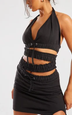 Black Sweat Elastic Cross Waist Detail Halterneck Bodycon Dress