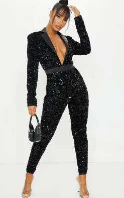 Black Tailored Plunge Front Sequin Jumpsuit