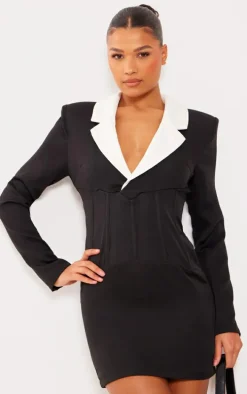 Black Tailored Satin Label Blazer Dress